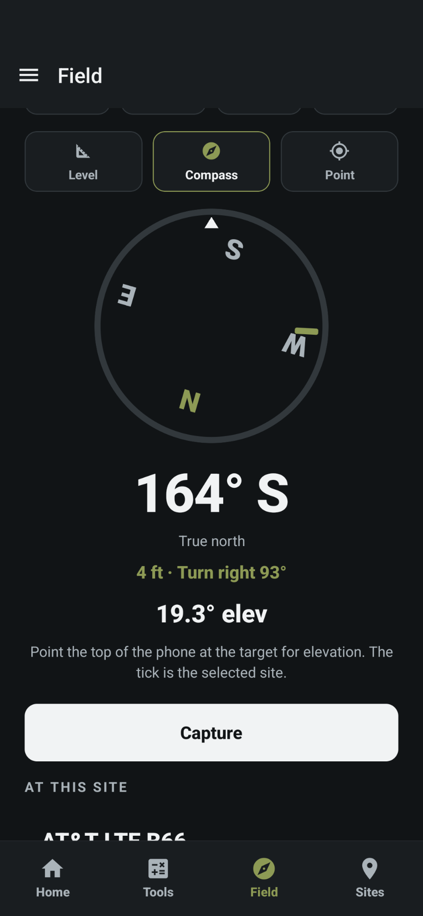 Compass at 164° south, true north, elevation 19.3°.