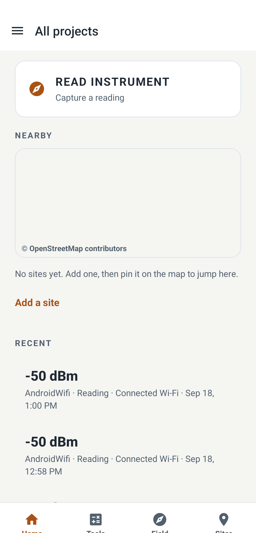 Fieldeng Home: Read instrument, recent Wi-Fi readings filed on this device.