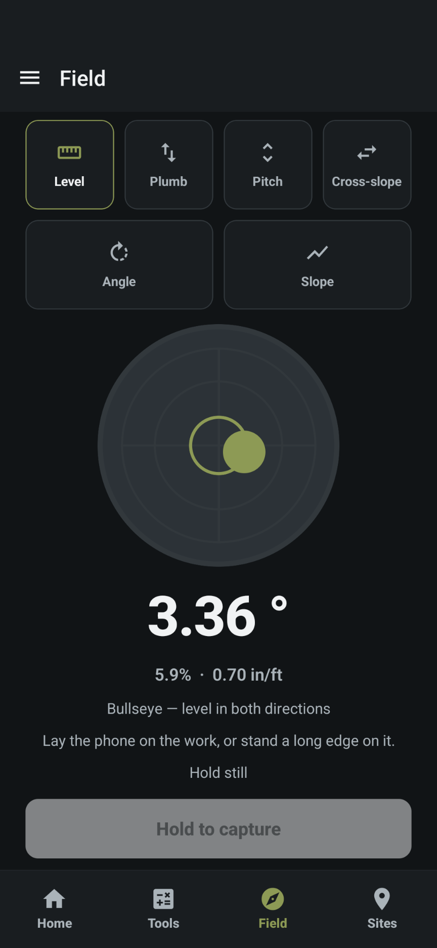 Level vial in dark theme at 3.36°.