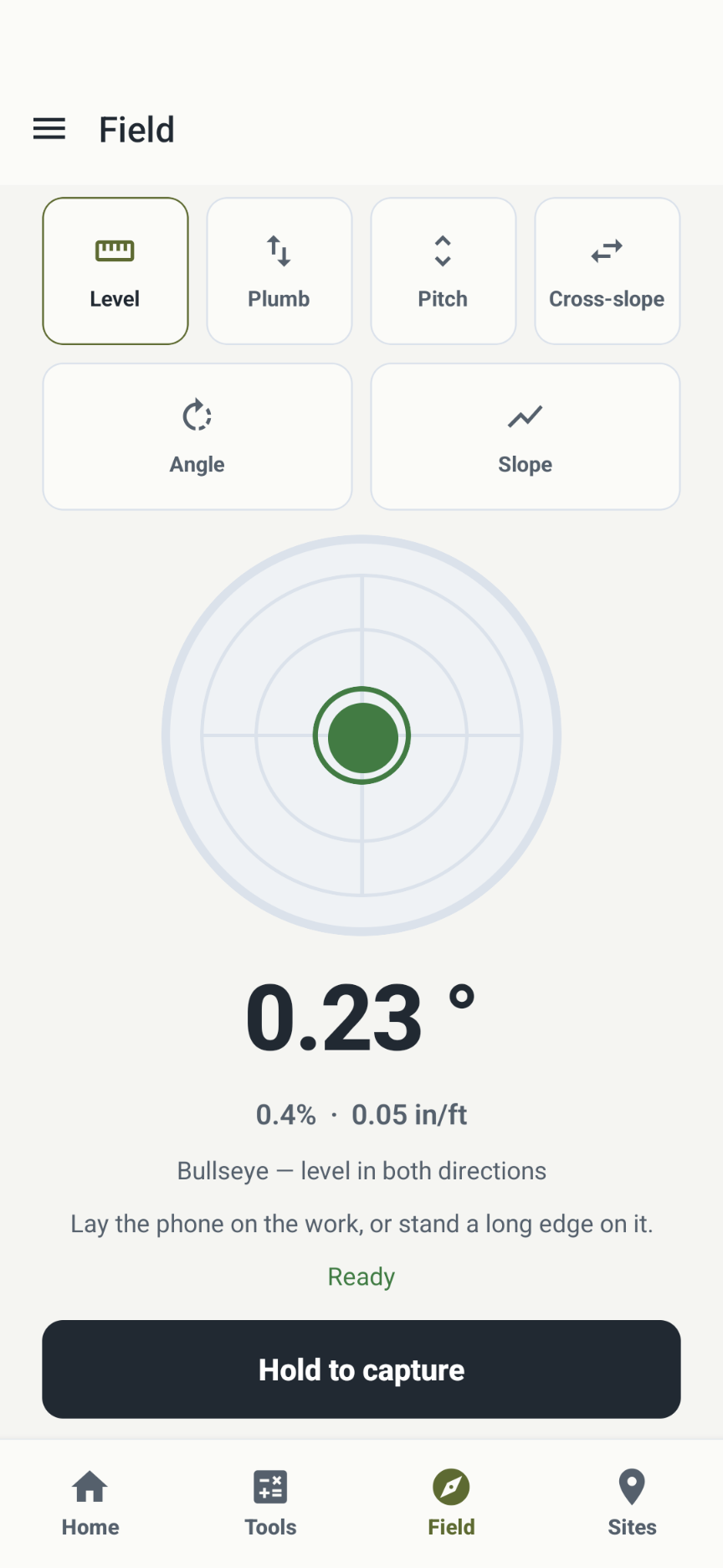 Level vial at 0.23°, bullseye, ready to capture.