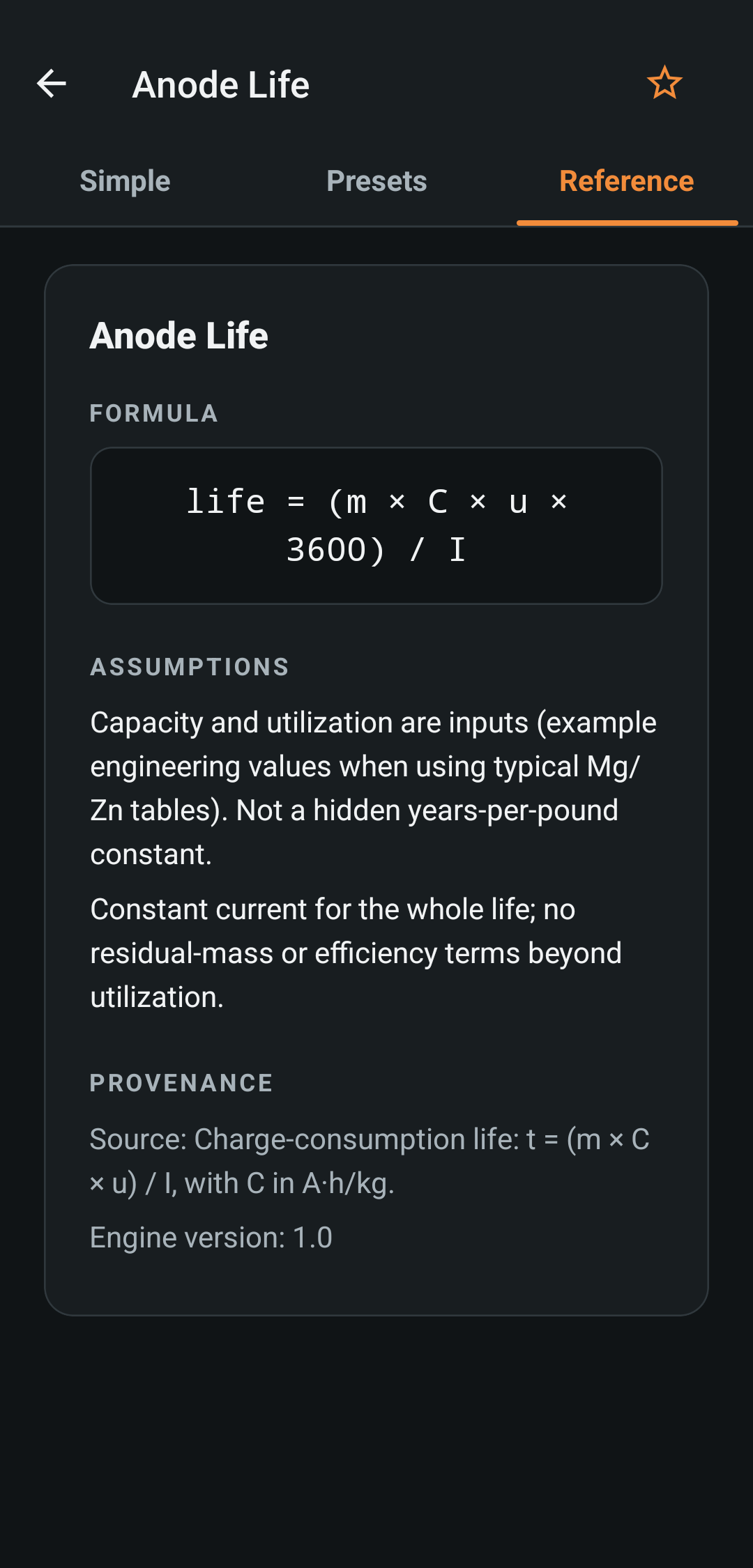 Anode Life Reference tab in dark theme, same formula and assumptions.