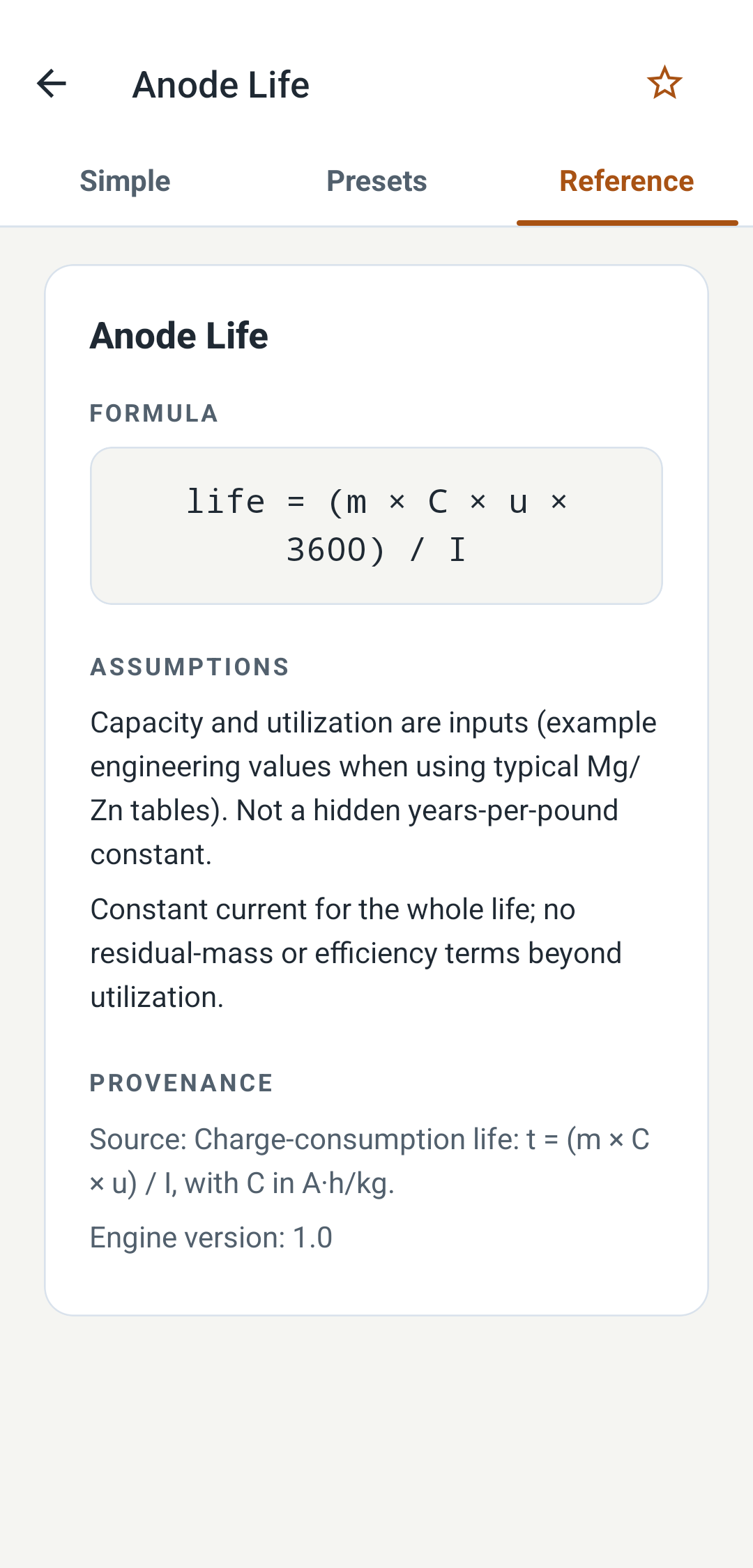 Anode Life Reference tab with formula, assumptions, and provenance.