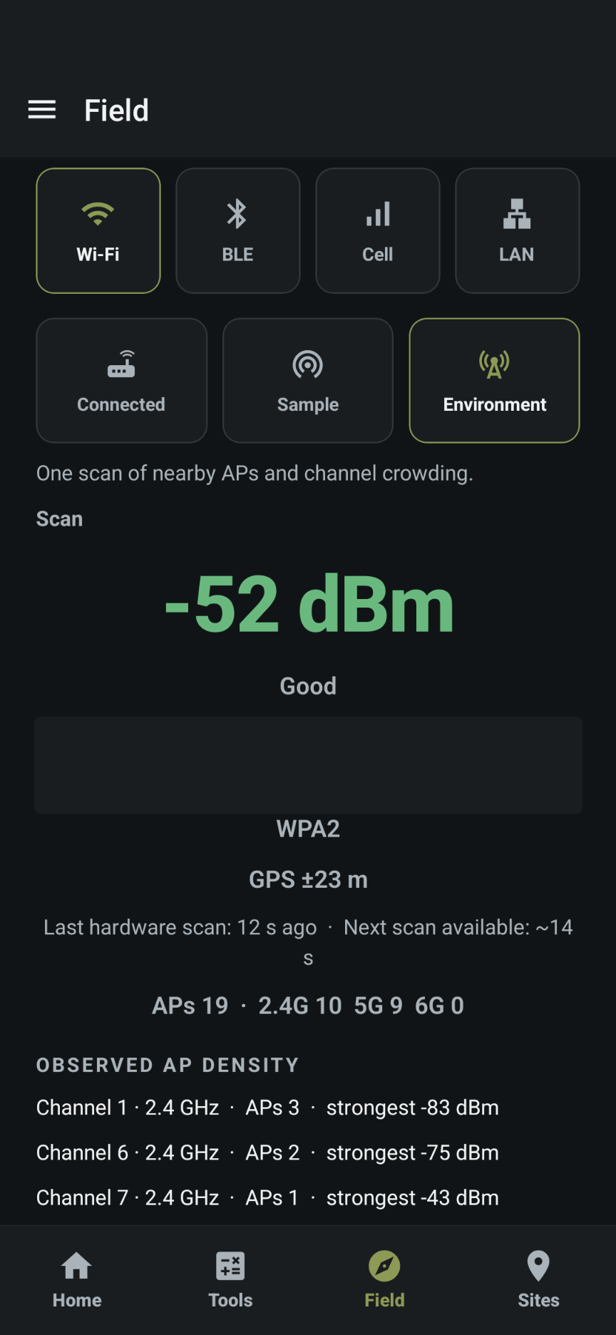 Wi-Fi environment scan, −52 dBm.
