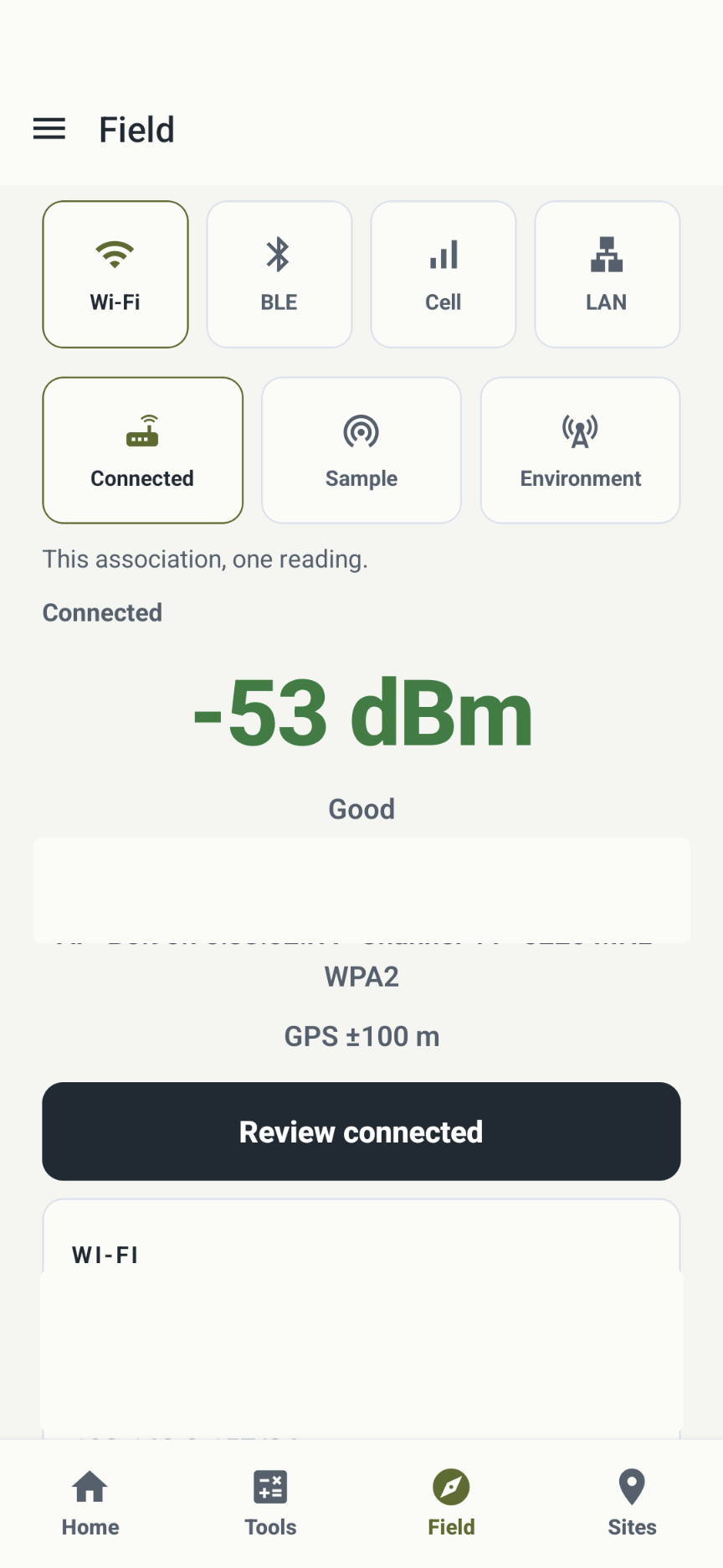 Wi-Fi connected reading, −53 dBm.